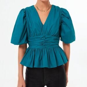 Tuckernuck Hyacinth House Puff Sleeve Teal Millie Blouse Short Sleeve Peplum Top